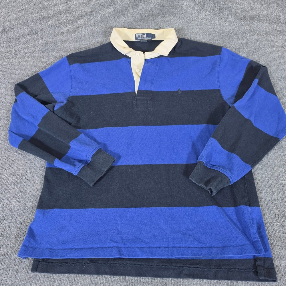 VTG 90s Polo Ralph Lauren Mens Blue Navy Striped Long Sleeve Rugby Shirt Large